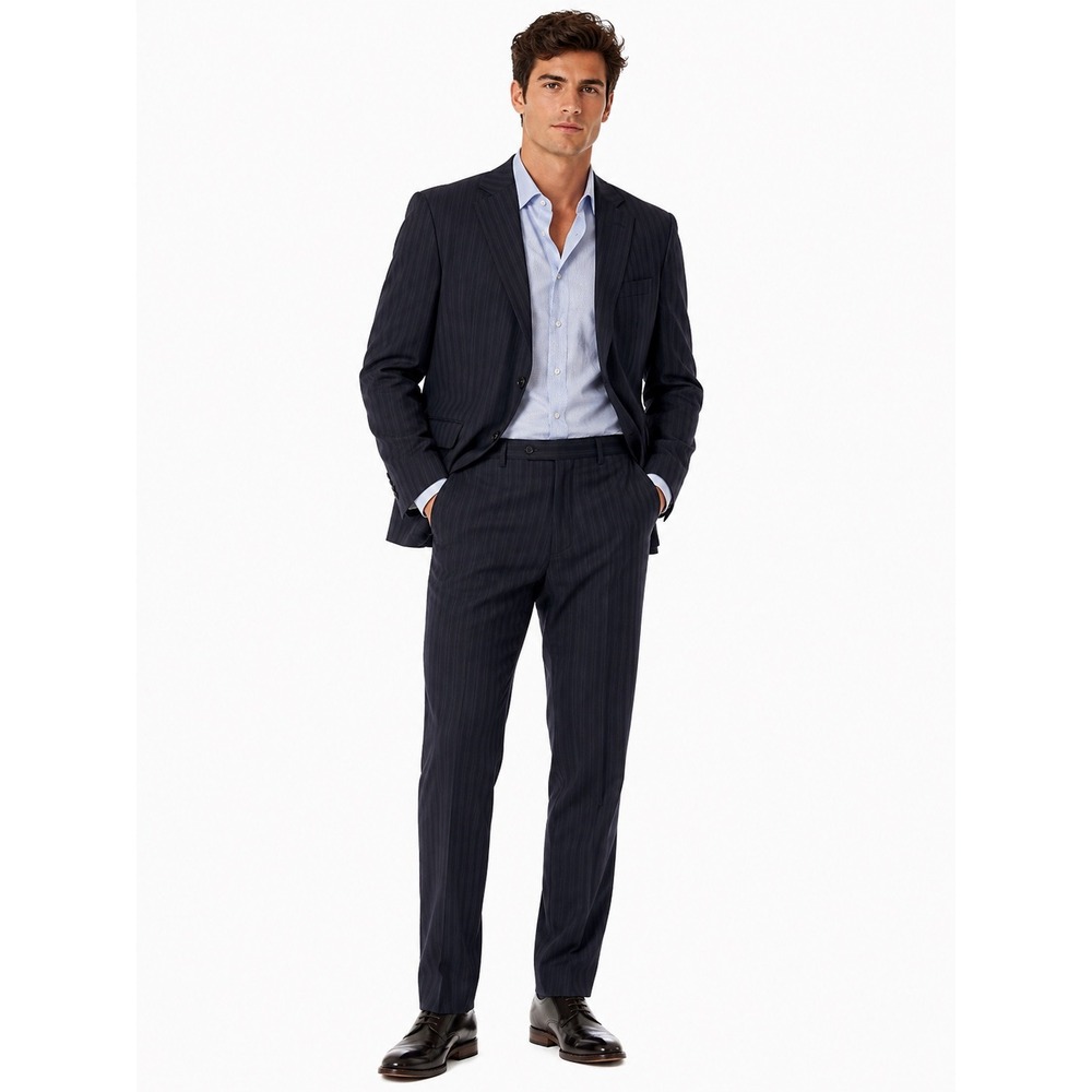 Zegna Blazer Suit Jacket Mens 52 L Navy Blue Pinstripe Wool Italy City Luxury